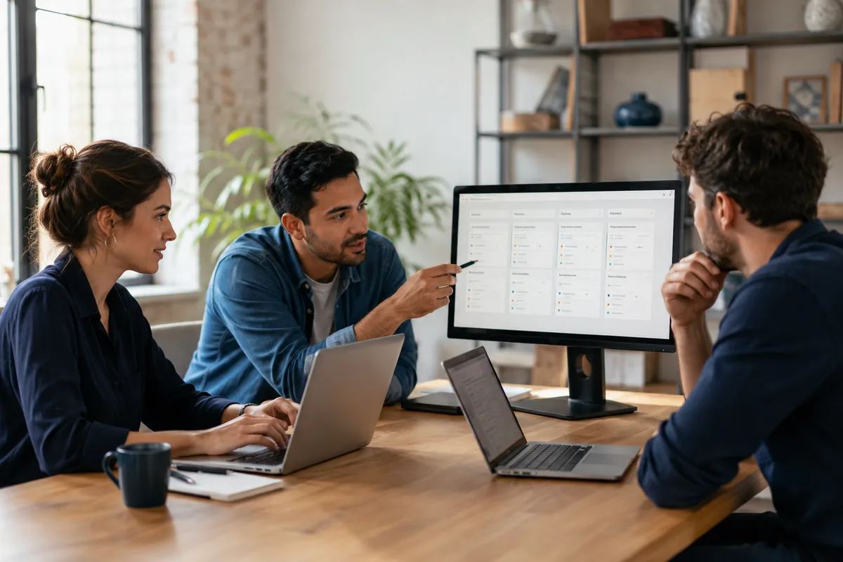 Illustrative AI scene of three people collaborating with laptops and a customer management screen.